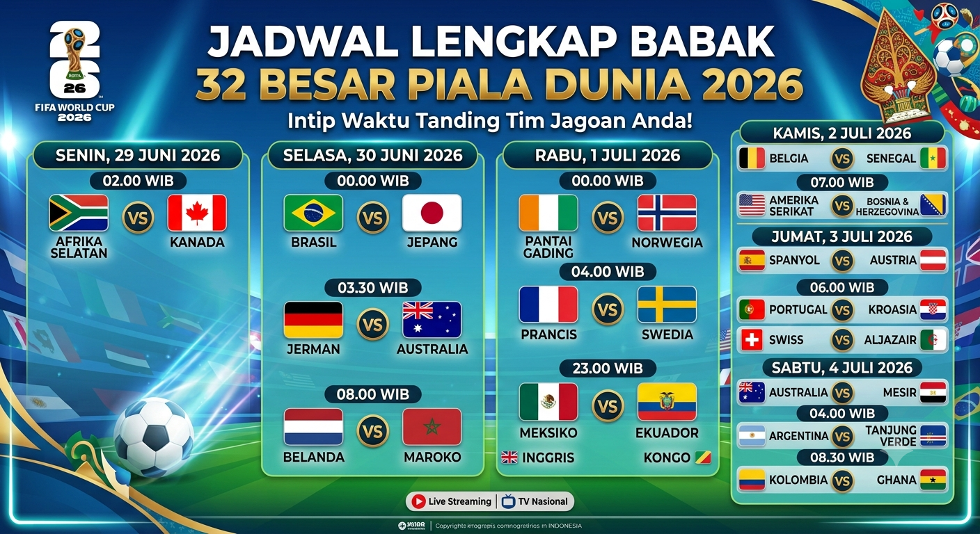 Jadwal pertandingan babak 32 besar Piala Dunia 2026