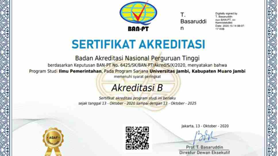 Akreditasi B Prodi Pemerintahan UNJA