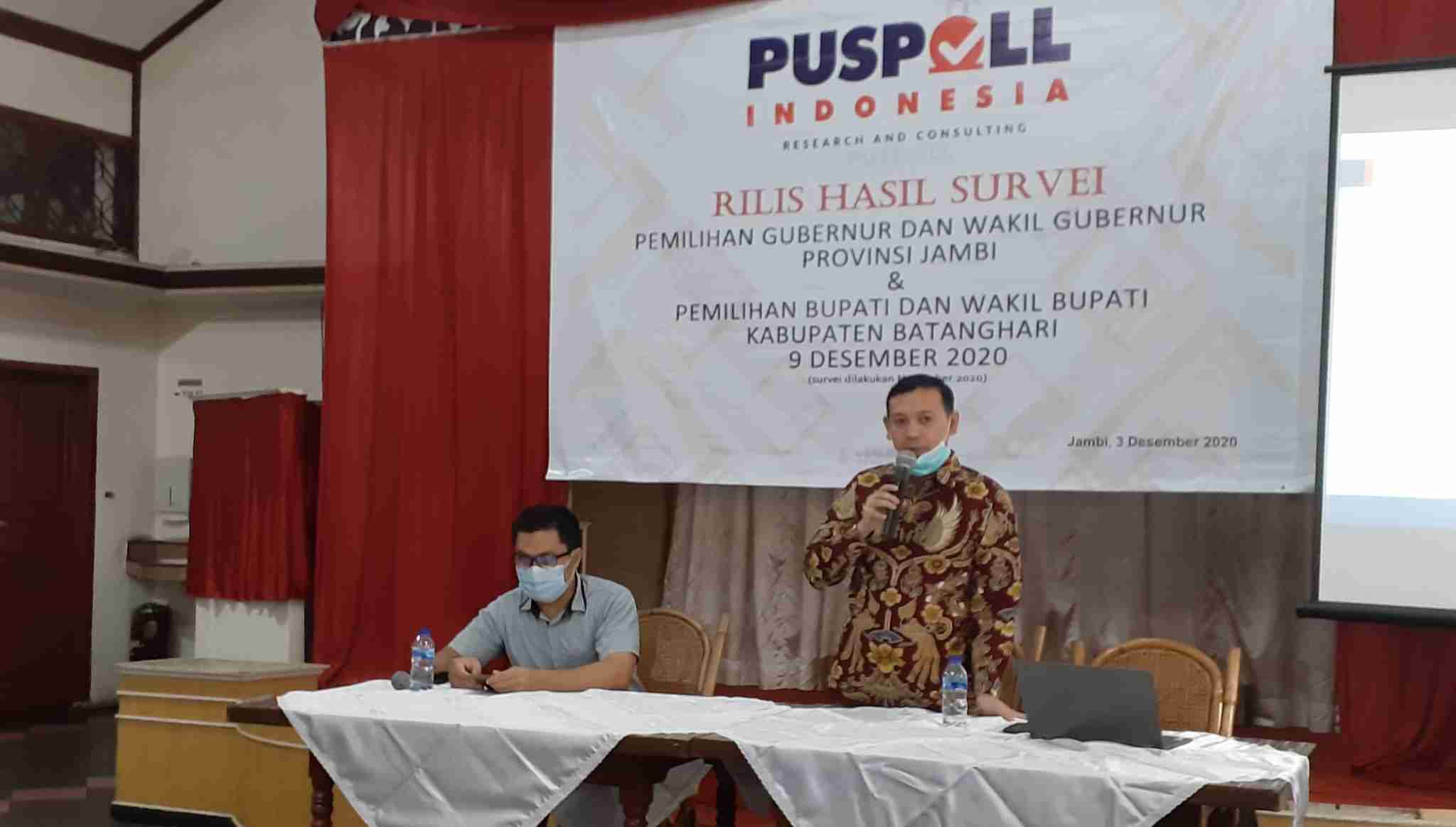 Muslimin Tanja saat paparkan hasil survei di Pilbup Batanghari 2020