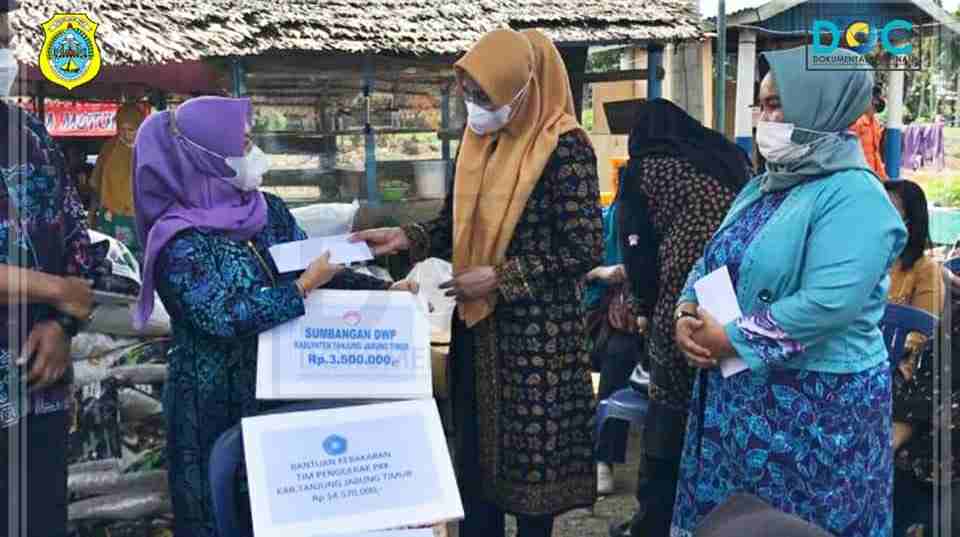 Ketua TP PKK Tanjab Timur saat salurkan bantuan korban kebakaran di Sadu dan Rantau Rasau