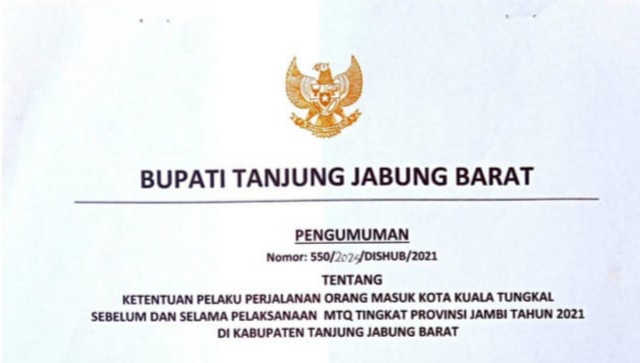 Pengumuman Bupati Tanjab Barat tentang ketentuan pelaku perjalanan orang masuk ke Kuala Tungkal