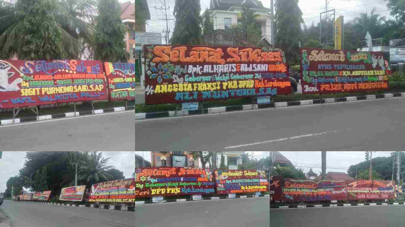 Papan ucapan selamat kemenangan di Posko Koalisi Partai Al Haris-Sani 