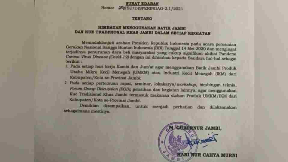 SE Gubernur Jambi tentang  penggunaan batik Jambi dan kue tradisional Jambi