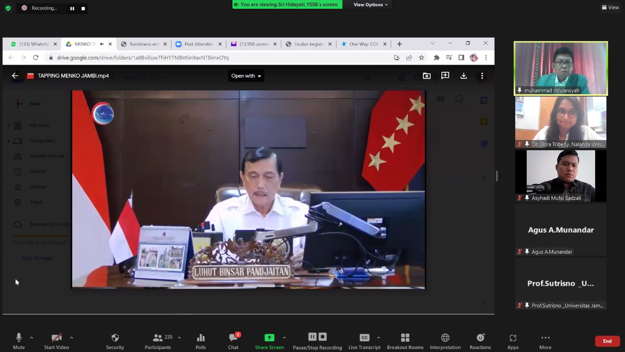Luhut saat webinar internasional oleh YSBB Provinsi Jambi