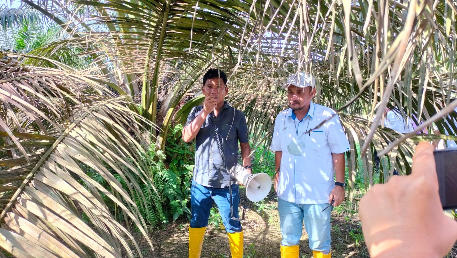 Direktur PT Bukit Kausar, Andy Fauzi (kanan) Siregar saat pemaparan di peninjauan perkebunan sawit 