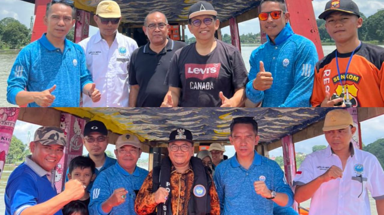 H Bakri dan Maulana didampingi Hasan Mabruri saat pelepasan start Dragon Boat Kejurprov dayung PODSI