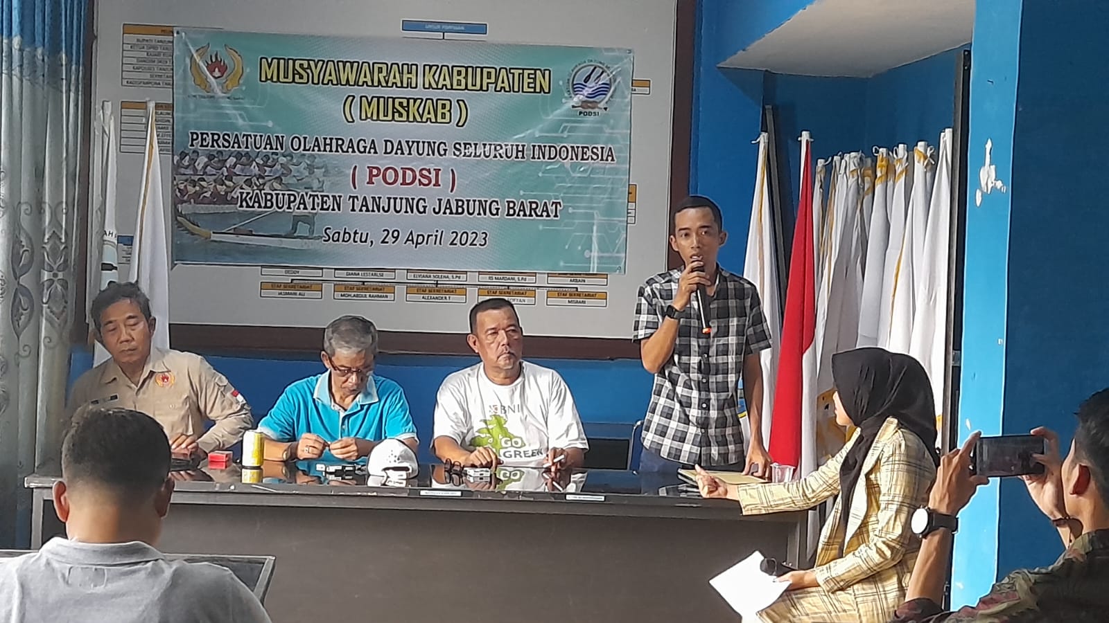 Sapi'i saat menyampaikan sambutan di Muskab PODSI Tanjab Barat di Aula KONI, Sabtu (29/4)