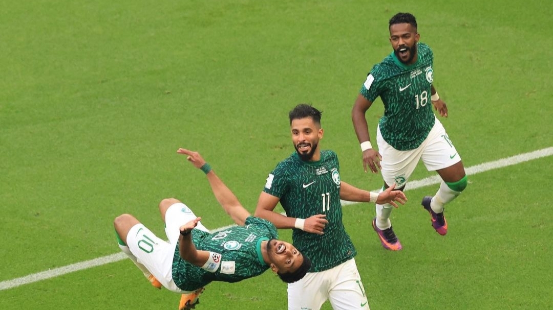Pemain Arab Saudi merayakan gol atas Argentina laga pembuka Group C di Lusail Iconic Stadium, Lusail