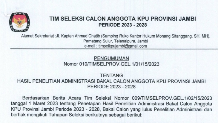 Pengumuman hasil penelitian administrasi calon anggota KPU Provinsi Jambi 
