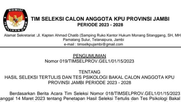 Pengumuman Timsel KPU Provinsi Jambi 