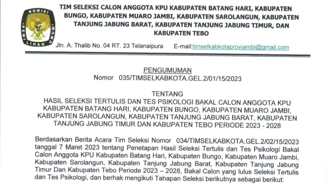 20 Besar KPU 7 Kabupaten dalam Provinsi Jambi