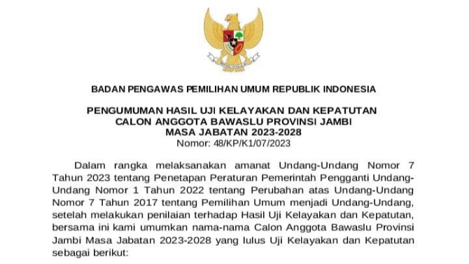 Pengumuman 2 anggota Bawaslu Provinsi Jambi periode 2023-2028