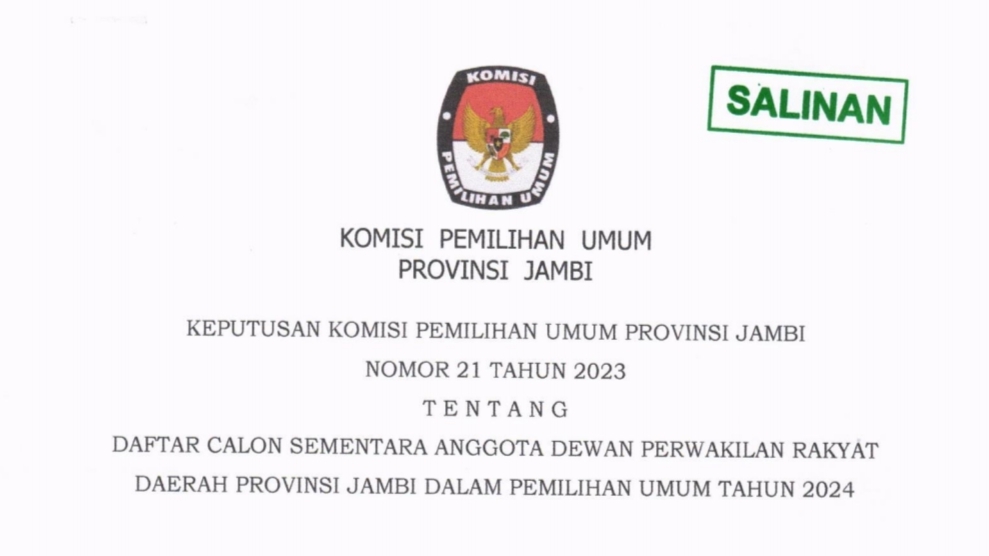 Pengumuman DCS Anggota DPRD Provinsi Jambi untuk Pileg 2024