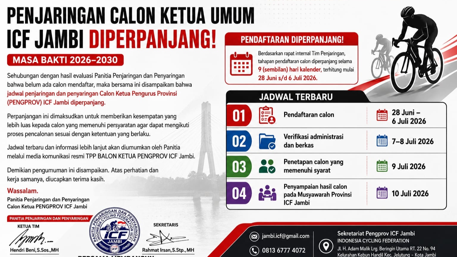 Masa pendaftaran Ketua Umum ICF Jambi 2026–2030 diperpanjang
