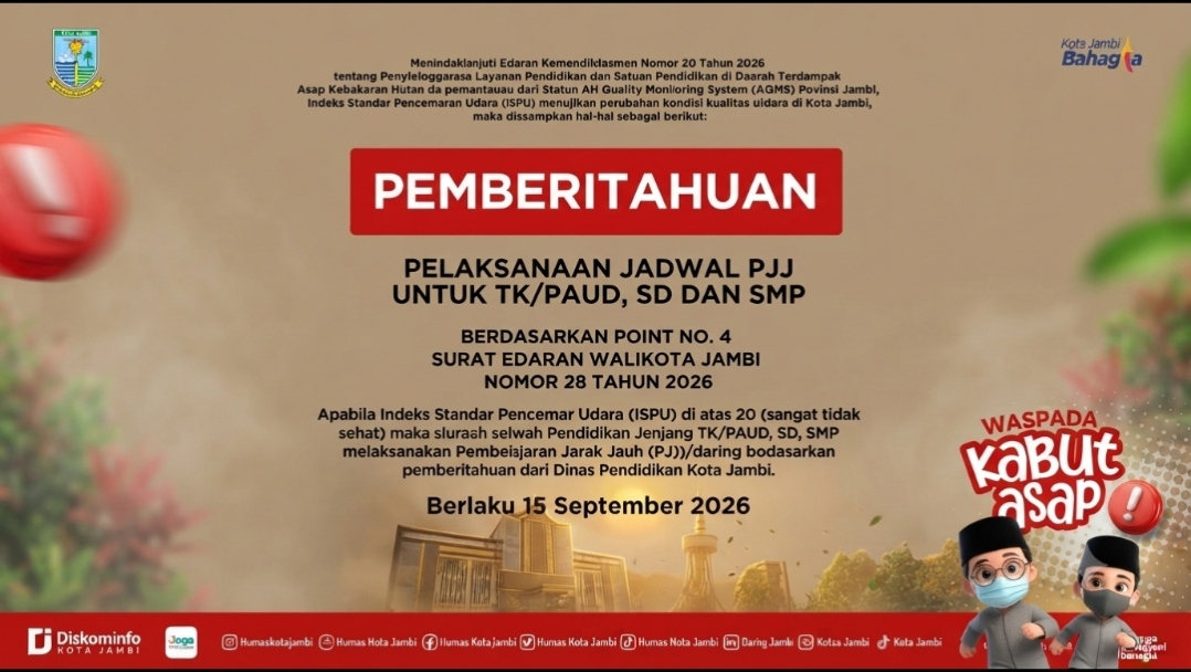 Pemkot Jambi berlakukan sekolah PJJ otomatis akibat kualitas udara memburuk