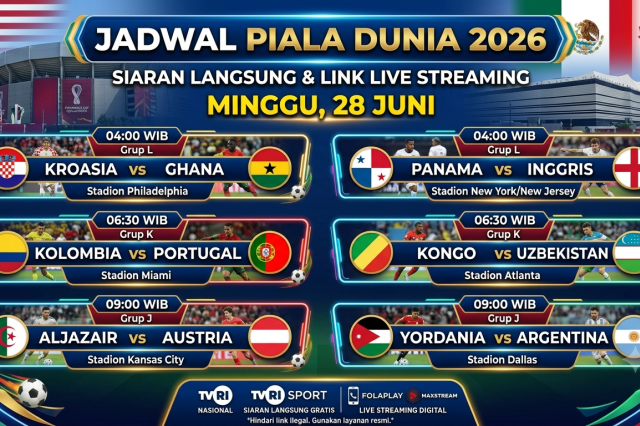 Jadwal Piala Dunia 2026: Siaran Langsung dan Link Live Streaming Minggu 28 Juni