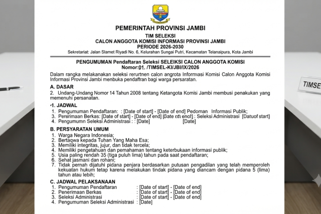 Seleksi Komisi Informasi Jambi 2026 Dibuka: Cek Syarat dan Cara Daftarnya