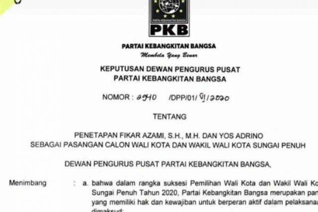 PKB Labuhkan Dukungan ke Pasangan Fikar-Yos di Pilwako Sungai Penuh