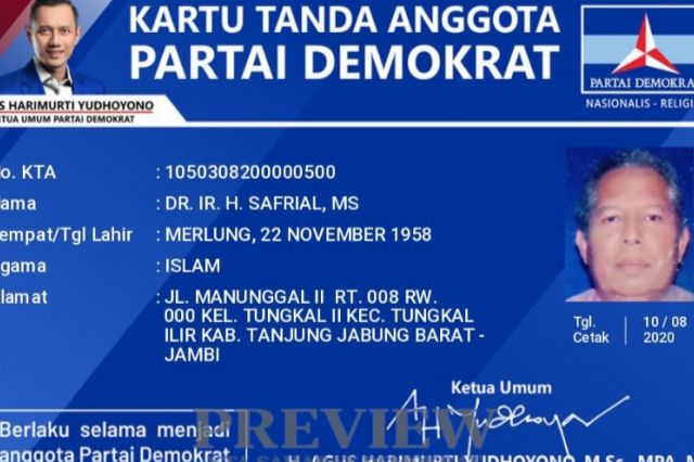 Beredar KTA Demokrat Safrial, Tim: Itu Editan, Beliau Masih Kader PDIP