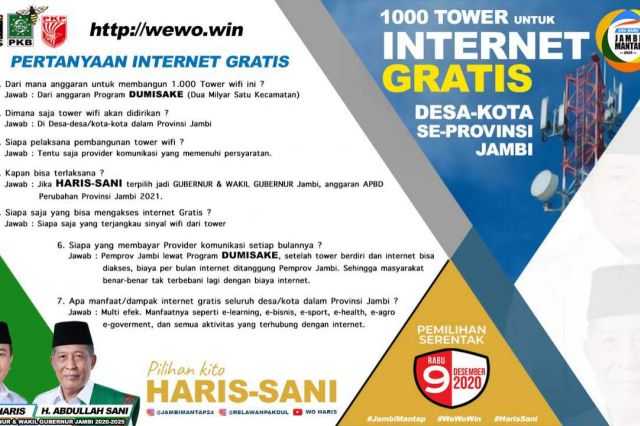 Haris-Sani Akan Hadirkan Internet Gratis Desa-Kota dalam Provinsi Jambi Melalui Dumisake