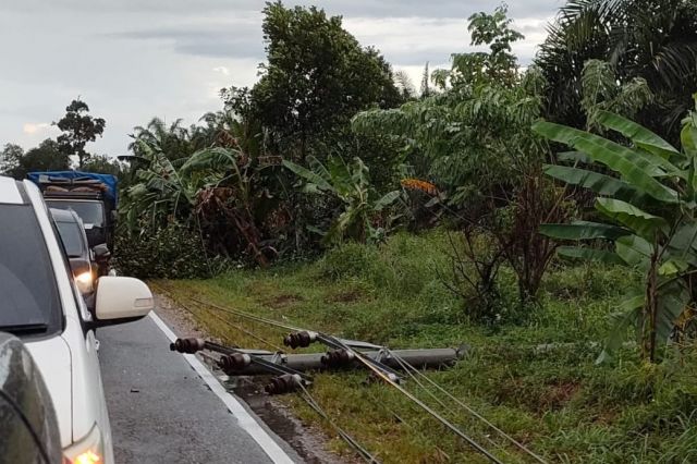Hujan Lebat Disertai Angin Kencang di Bangko, Belasan Tiang Listrik Roboh