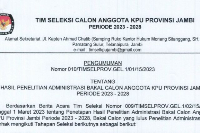 65 Calon Pendaftar KPU Provinsi Jambi Lulus Administrasi: Ini Nama-namanya