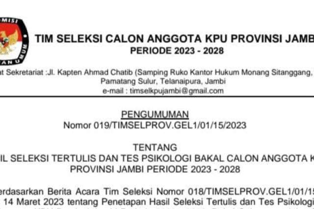 Ini 20 Besar KPU Provinsi Jambi Periode 2023-2028