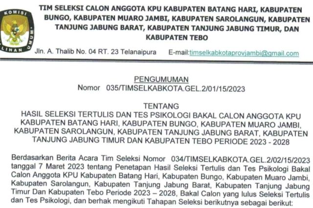 Ini 20 Besar KPU 7 Kabupaten dalam Provinsi Jambi