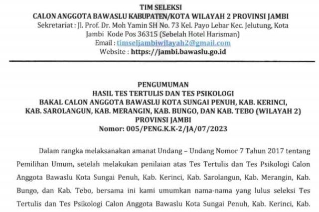 Breaking News: Ini Hasil Tes Tertulis dan Psikologi Zona 1 dan 2 Bawaslu Se-Jambi