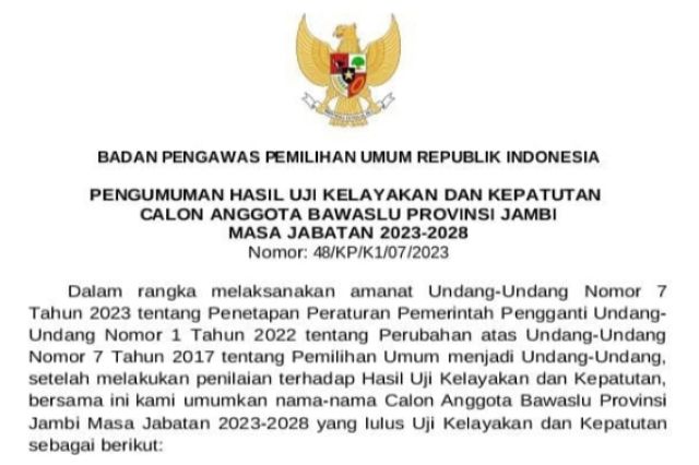 2 Pimpinan Bawaslu Provinsi Jambi Terpilih Periode 2023-2028