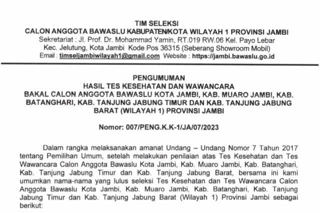 BREAKING NEWS: Ini 6 dan 10 Besar Bawaslu 11 Kabupaten/Kota di Jambi