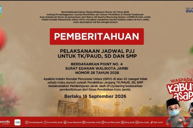 ISPU Tembus 218 Akibat Kabut Asap: Pemkot Jambi Berlakukan Sekolah PJJ Otomatis